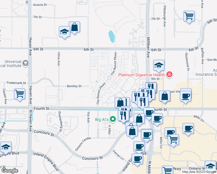 map of restaurants, bars, coffee shops, grocery stores, and more near 11016 Deckhouse Drive in Rancho Cucamonga