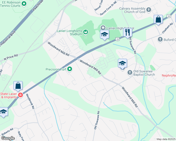map of restaurants, bars, coffee shops, grocery stores, and more near 4368 Burton Bend Trail in Buford