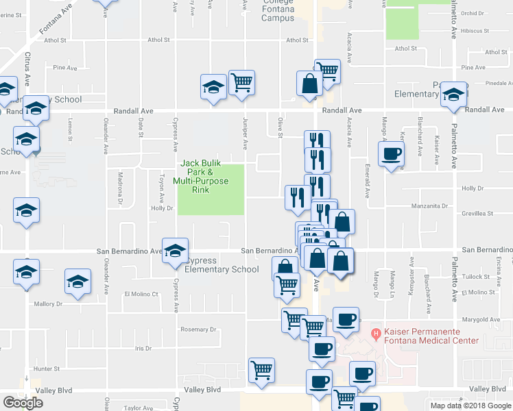 map of restaurants, bars, coffee shops, grocery stores, and more near 16733 Holly Drive in Fontana