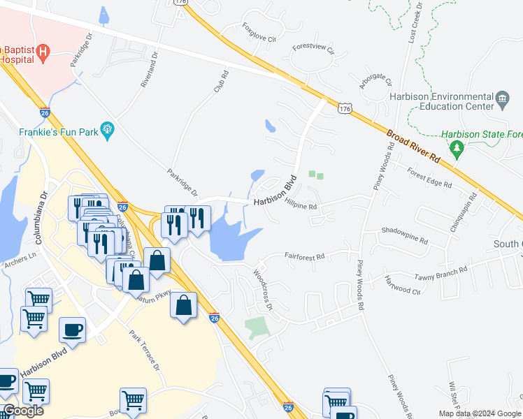map of restaurants, bars, coffee shops, grocery stores, and more near 110 Windstone Drive in Columbia