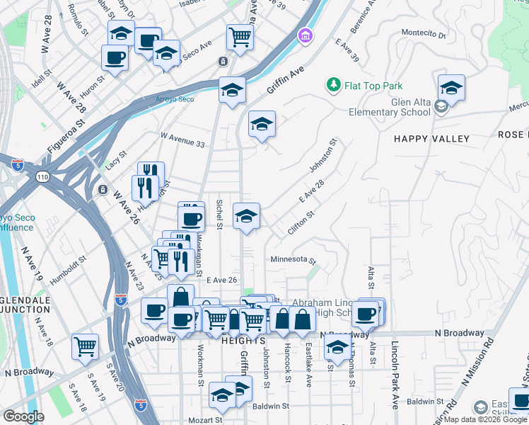map of restaurants, bars, coffee shops, grocery stores, and more near 2828 Johnston Street in Los Angeles