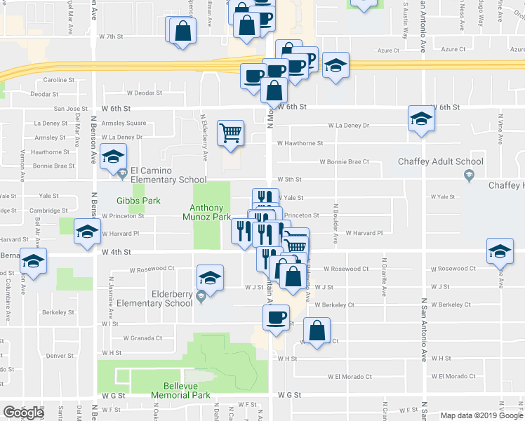 map of restaurants, bars, coffee shops, grocery stores, and more near 1110 West Princeton Street in Ontario