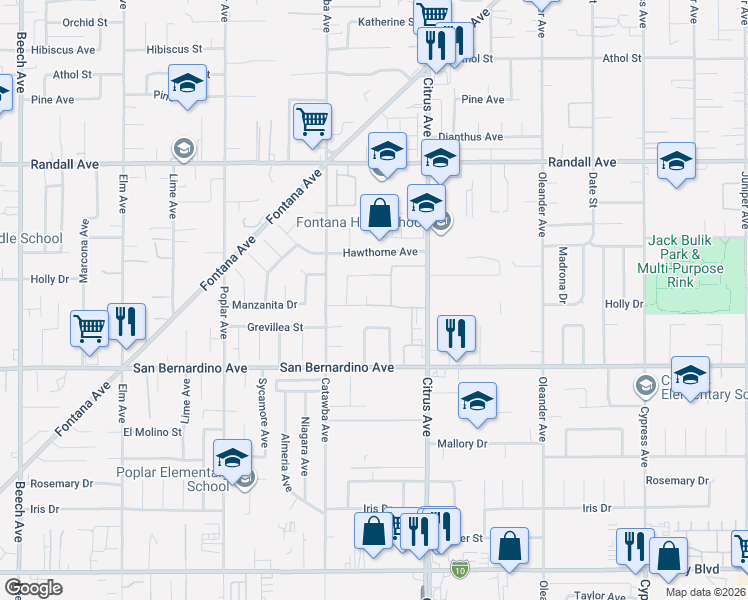 map of restaurants, bars, coffee shops, grocery stores, and more near 9569 Manzanita Court in Fontana