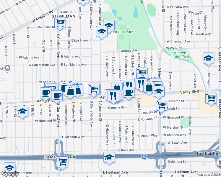 map of restaurants, bars, coffee shops, grocery stores, and more near 777 East Valley Boulevard in Alhambra
