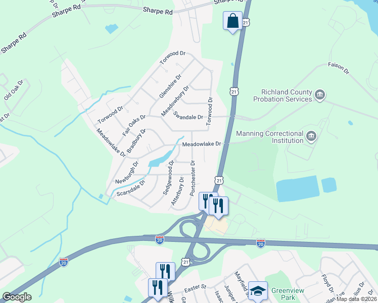 map of restaurants, bars, coffee shops, grocery stores, and more near 405 Portchester Drive in Columbia