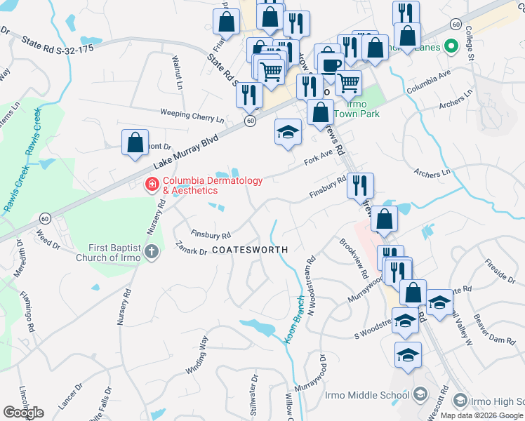 map of restaurants, bars, coffee shops, grocery stores, and more near 107 Finsbury Court in Columbia