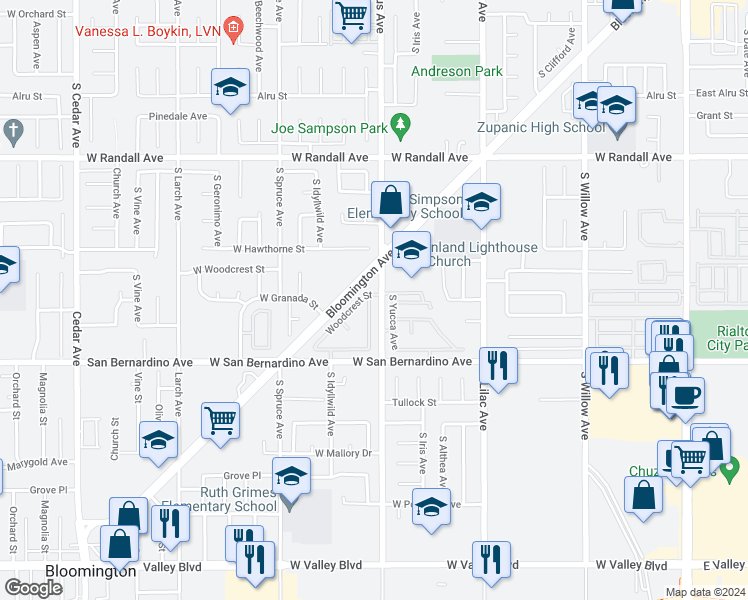 map of restaurants, bars, coffee shops, grocery stores, and more near 1175 South Fillmore Avenue in Rialto