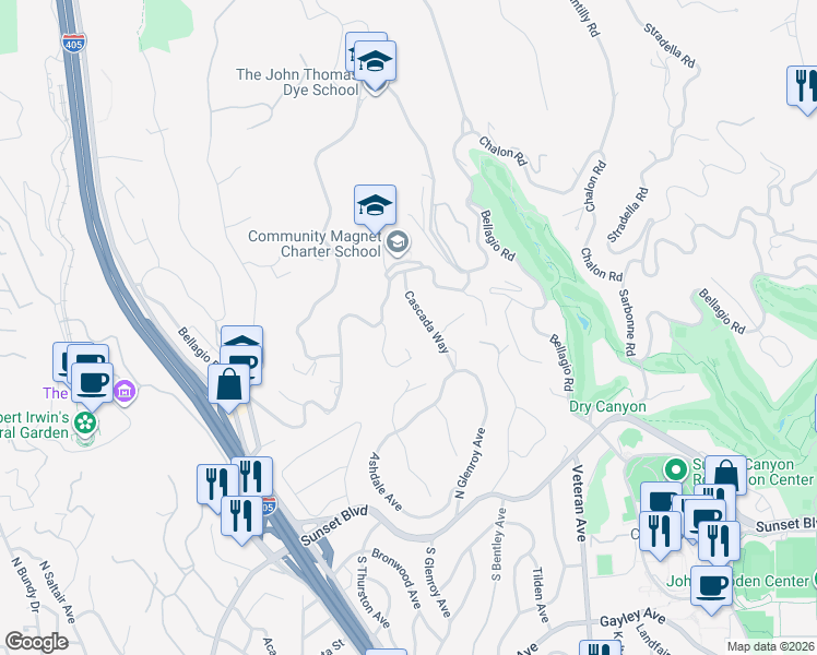 map of restaurants, bars, coffee shops, grocery stores, and more near 542 Bellagio Terrace in Los Angeles