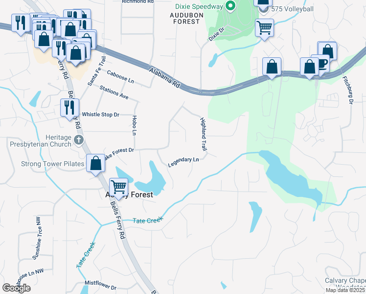 map of restaurants, bars, coffee shops, grocery stores, and more near 5184 Valley Tarn in Acworth