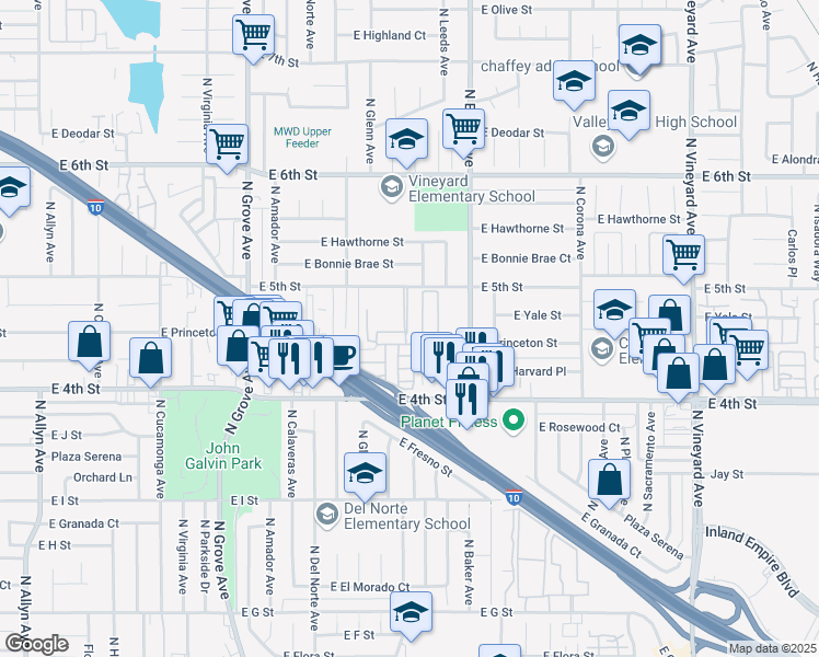 map of restaurants, bars, coffee shops, grocery stores, and more near 1512 East 5th Street in Ontario