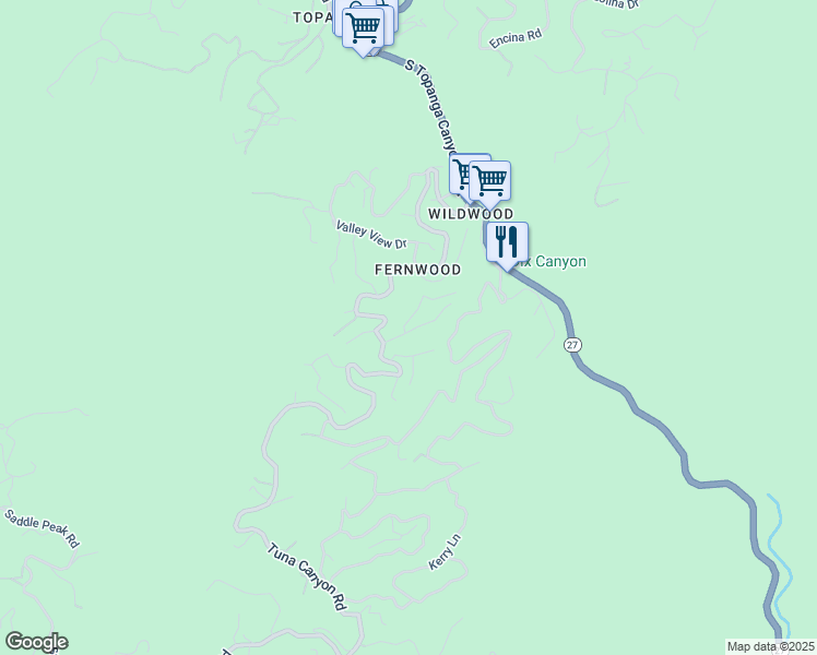 map of restaurants, bars, coffee shops, grocery stores, and more near 19569 Bowers Drive in Topanga
