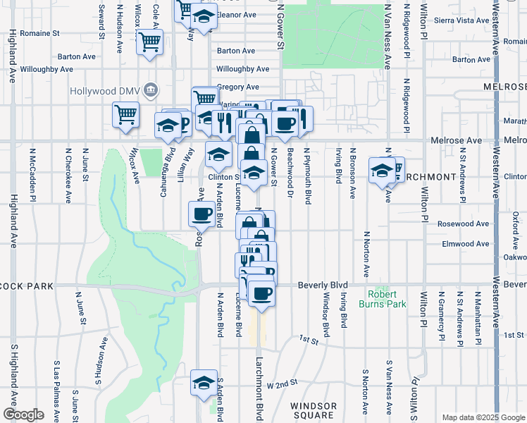 map of restaurants, bars, coffee shops, grocery stores, and more near 530 North Larchmont Boulevard in Los Angeles