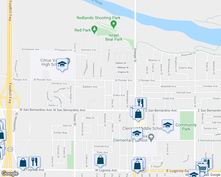 map of restaurants, bars, coffee shops, grocery stores, and more near 1721 Ohio Street in Redlands