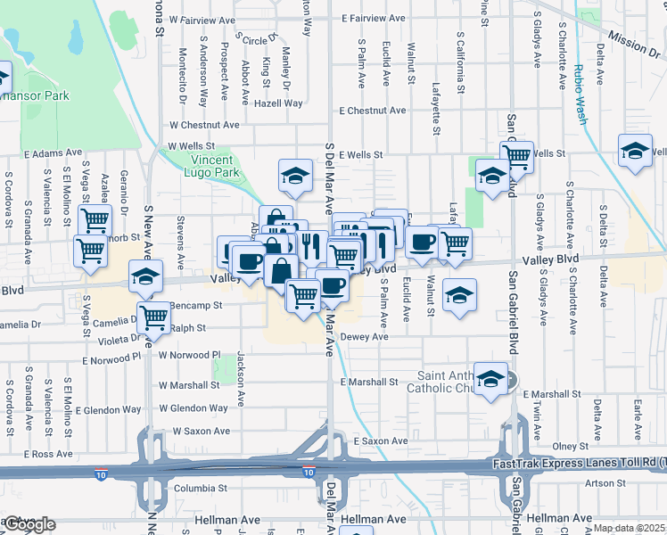 map of restaurants, bars, coffee shops, grocery stores, and more near 59 Del Mar Avenue in San Gabriel