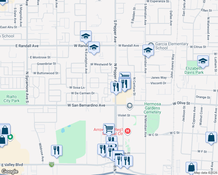 map of restaurants, bars, coffee shops, grocery stores, and more near 1641 Bent Rail Circle in Colton