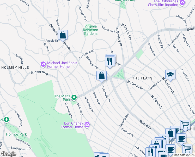 map of restaurants, bars, coffee shops, grocery stores, and more near 905 North Camden Drive in Beverly Hills
