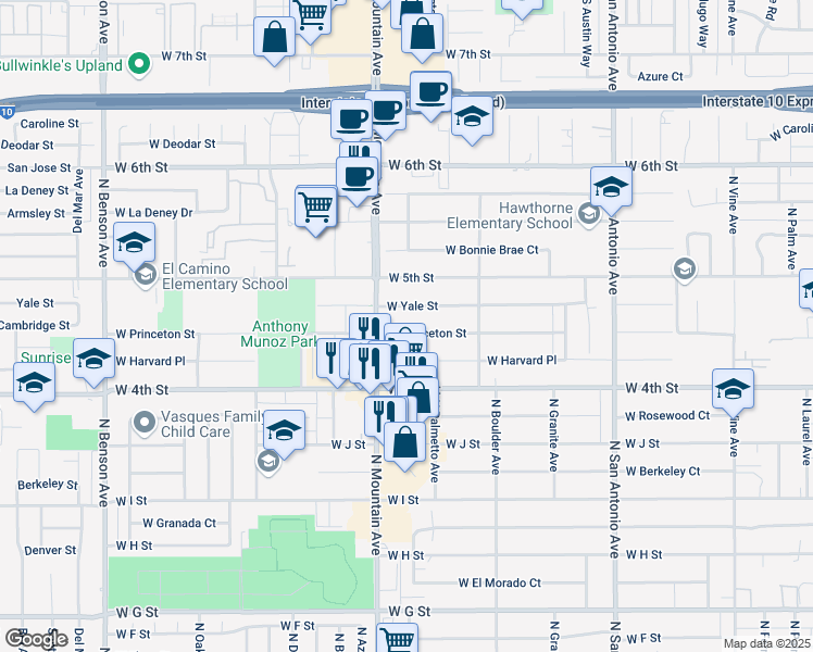 map of restaurants, bars, coffee shops, grocery stores, and more near 1038 West Princeton Street in Ontario