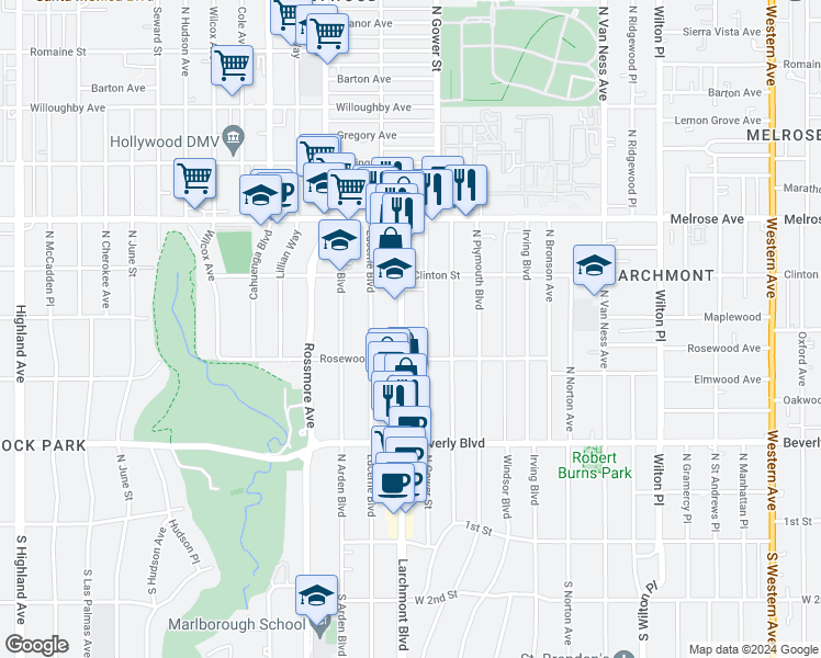 map of restaurants, bars, coffee shops, grocery stores, and more near 530 North Larchmont Boulevard in Los Angeles