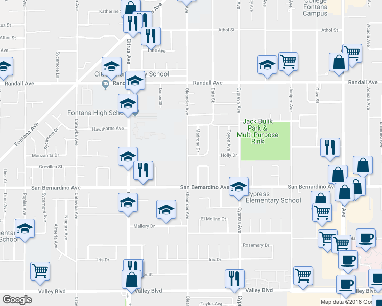map of restaurants, bars, coffee shops, grocery stores, and more near 9565 Oleander Ave in Fontana