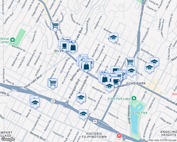 map of restaurants, bars, coffee shops, grocery stores, and more near 2501 W Sunset Blvd in Los Angeles