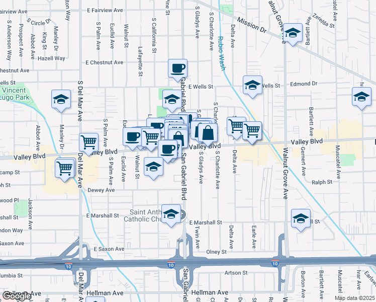 map of restaurants, bars, coffee shops, grocery stores, and more near 800 East Valley Boulevard in San Gabriel