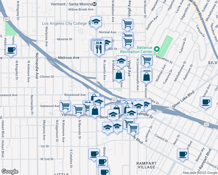map of restaurants, bars, coffee shops, grocery stores, and more near 3917 Middlebury Street in Los Angeles