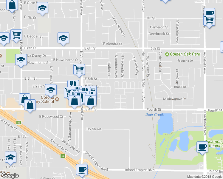 map of restaurants, bars, coffee shops, grocery stores, and more near 2052 East Yale Street in Ontario