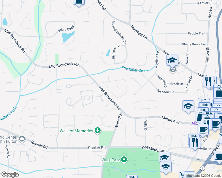 map of restaurants, bars, coffee shops, grocery stores, and more near 1895 Broadwell Oaks Drive in Alpharetta