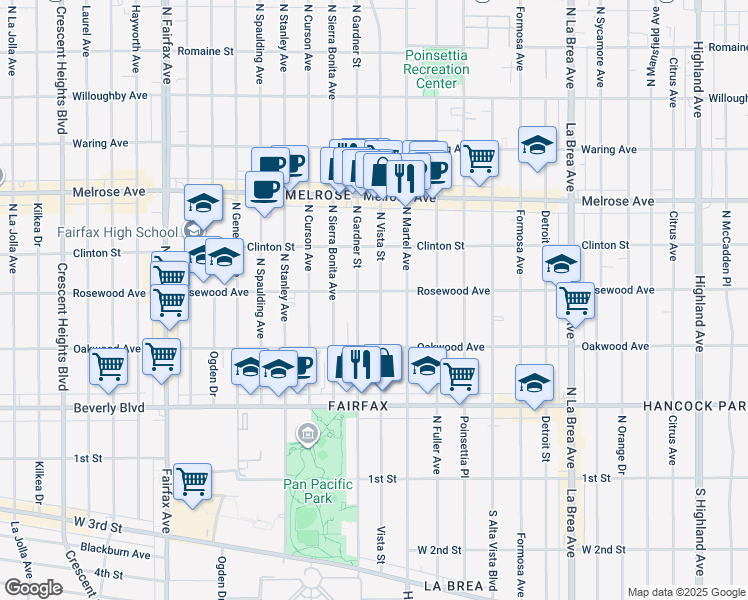 map of restaurants, bars, coffee shops, grocery stores, and more near 466 1/2 North Gardner Street in Los Angeles