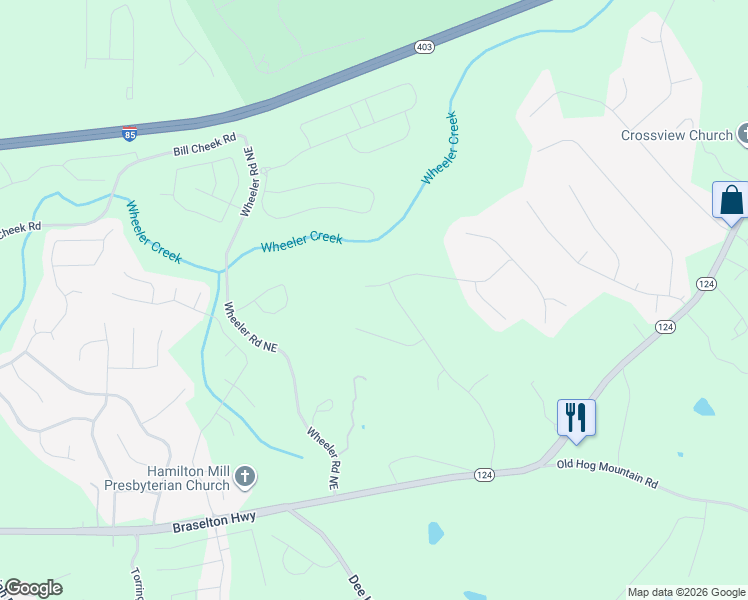 map of restaurants, bars, coffee shops, grocery stores, and more near 1060 Chateau Forest Road in Hoschton