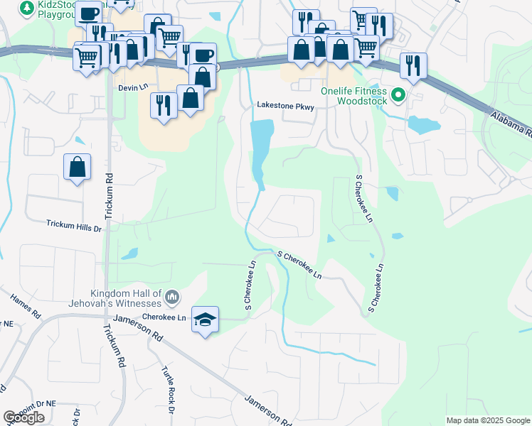 map of restaurants, bars, coffee shops, grocery stores, and more near 280 Lakestone Parkway in Woodstock