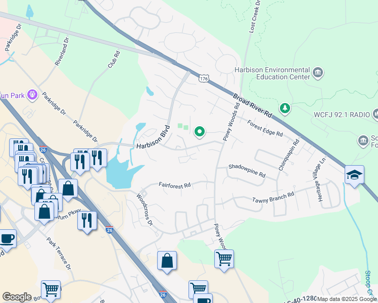 map of restaurants, bars, coffee shops, grocery stores, and more near 105 Hillpine Road in Columbia