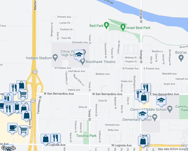 map of restaurants, bars, coffee shops, grocery stores, and more near 715 Baldwin Avenue in Redlands