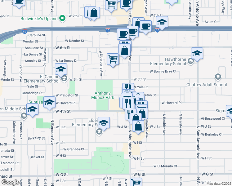 map of restaurants, bars, coffee shops, grocery stores, and more near 1156 West Princeton Street in Ontario