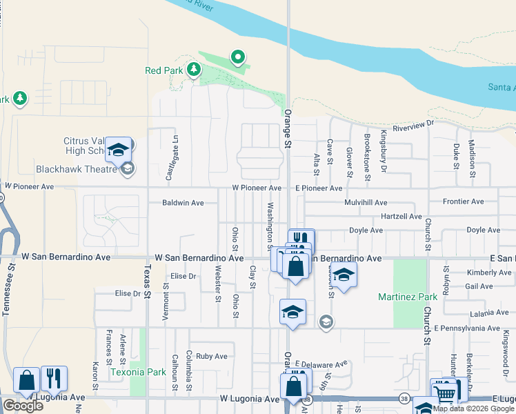 map of restaurants, bars, coffee shops, grocery stores, and more near 1724 Clay Street in Redlands