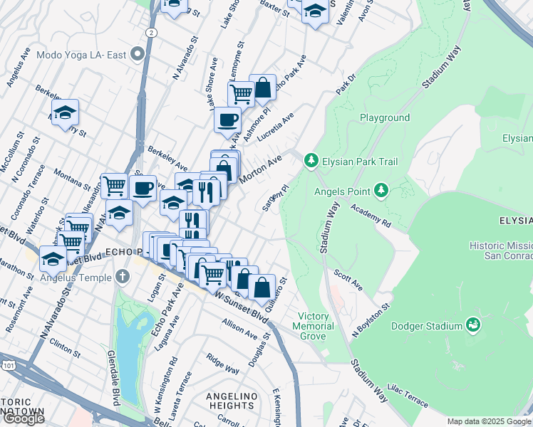 map of restaurants, bars, coffee shops, grocery stores, and more near 1536 Sargent Place in Los Angeles