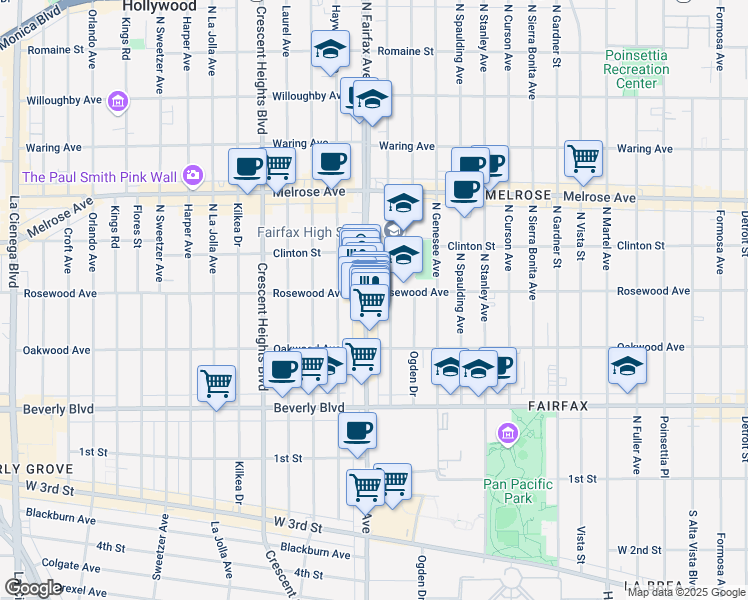 map of restaurants, bars, coffee shops, grocery stores, and more near 467 North Orange Grove Avenue in Los Angeles