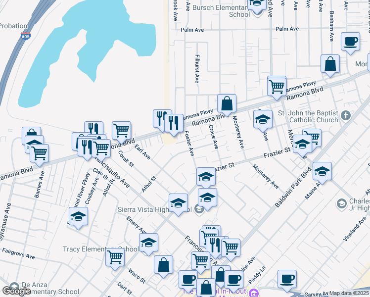 map of restaurants, bars, coffee shops, grocery stores, and more near 3879 Athol Street in Baldwin Park