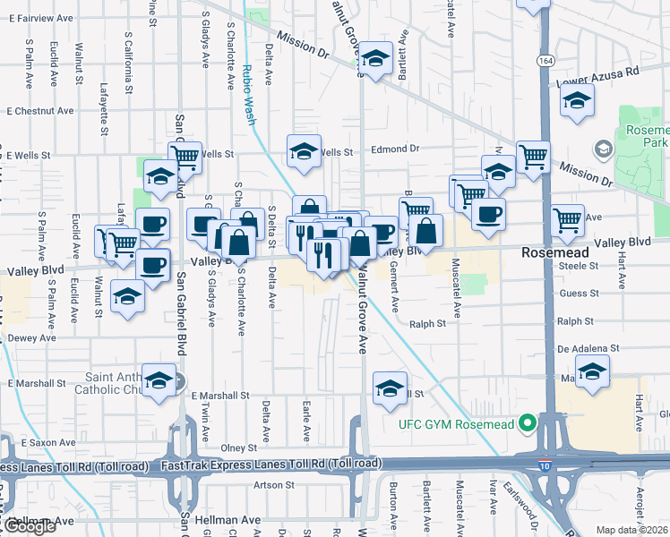 map of restaurants, bars, coffee shops, grocery stores, and more near 8526 Valley Boulevard in Rosemead