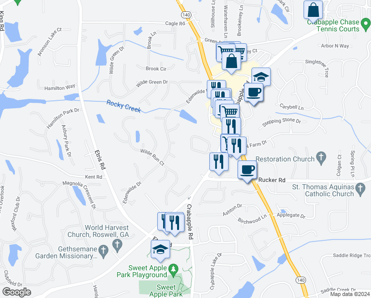 map of restaurants, bars, coffee shops, grocery stores, and more near 1604 Sweet Apple Circle in Alpharetta