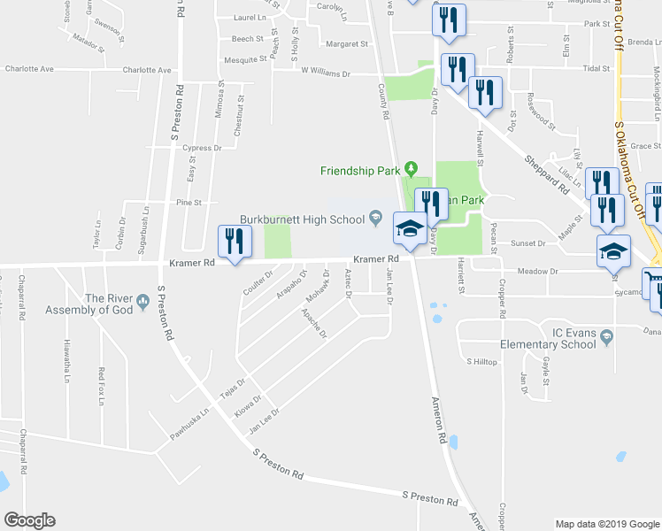 map of restaurants, bars, coffee shops, grocery stores, and more near 801 Mohawk Drive in Burkburnett
