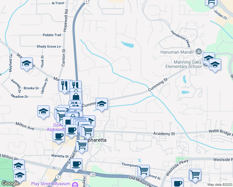 map of restaurants, bars, coffee shops, grocery stores, and more near 130 Cumming Street in Alpharetta