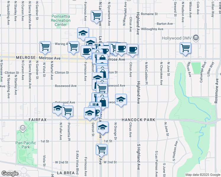 map of restaurants, bars, coffee shops, grocery stores, and more near 450 North Sycamore Avenue in Los Angeles