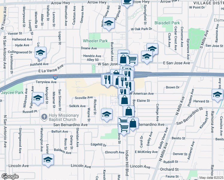 map of restaurants, bars, coffee shops, grocery stores, and more near 420 South Indian Hill Boulevard in Claremont