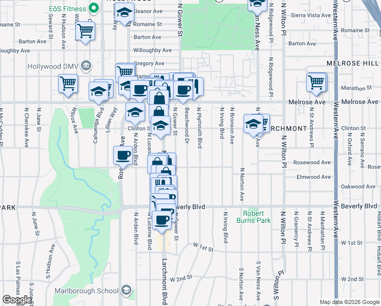 map of restaurants, bars, coffee shops, grocery stores, and more near 532 North Beachwood Drive in Los Angeles