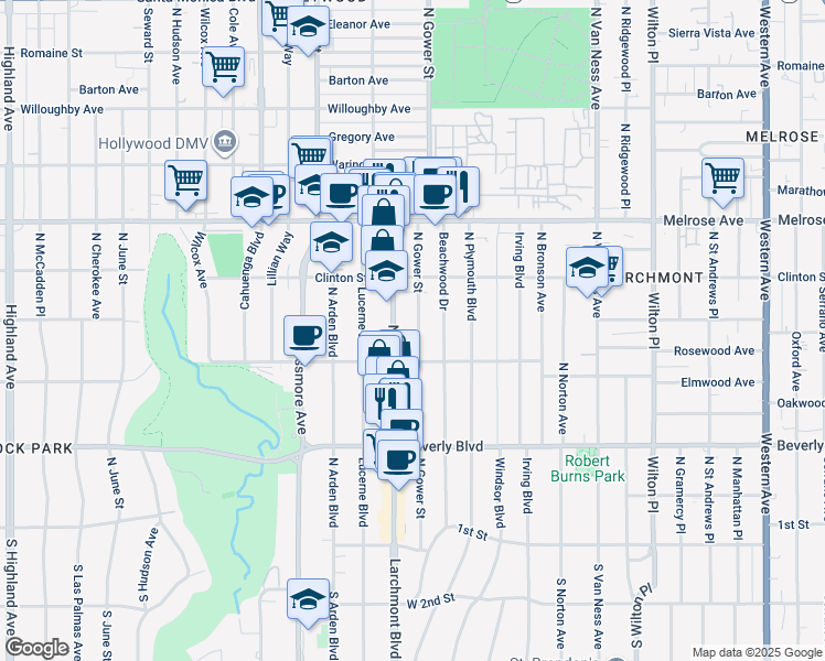 map of restaurants, bars, coffee shops, grocery stores, and more near 531 North Gower Street in Los Angeles