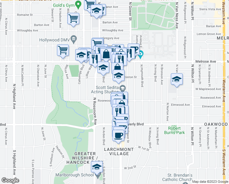 map of restaurants, bars, coffee shops, grocery stores, and more near 530 North Lucerne Boulevard in Los Angeles