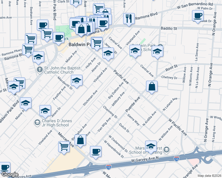 map of restaurants, bars, coffee shops, grocery stores, and more near 14724 Clydewood Street in Baldwin Park
