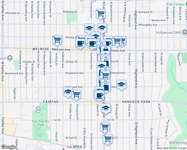 map of restaurants, bars, coffee shops, grocery stores, and more near 459 North Detroit Street in Los Angeles