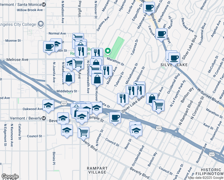 map of restaurants, bars, coffee shops, grocery stores, and more near 3501 Bellevue Avenue in Los Angeles